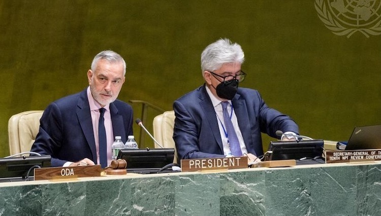 Photo: Ambassador Gustavo Zlauvinen (left) presiding over the four-week long NPT Review Conference which concluded August 26. Source: ACA-Arms Control Association.