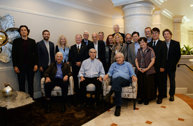 Photo: From L to R: Front Row: Daniel Ellsberg, David Krieger, Noam Chomsky. Second Row: Paul K. Chappell, Rick Wayman, Elaine Scarry, Steven Starr, Richard Falk, Jackie Cabasso, Jennifer Simons, Peter Kuznick, Judith Lipton, Kimiaki Kawai. Third Row: Robert Laney, Mark Hamilton, Daniel Smith, John Mecklin, Hans Kristensen, Rich Appelbaum. (photo by Rick Carter)