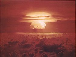 Nuclear weapon test Bravo (yield 15 Mt) on Bikini Atoll. The test was part of the Operation Castle. The Bravo event was an experimental thermonuclear device surface event. Credit: Wikimedia Commons.