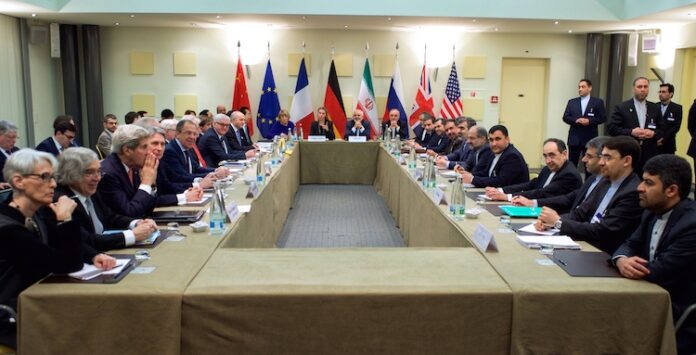 Negotiations_about_Iranian_Nuclear_Program Photo: The foreign affairs ministers of the United States, the United Kingdom, Russia, Germany, France, China, the European Union and Iran (Lausanne, March 30, 2015). Wikimedia Commons.