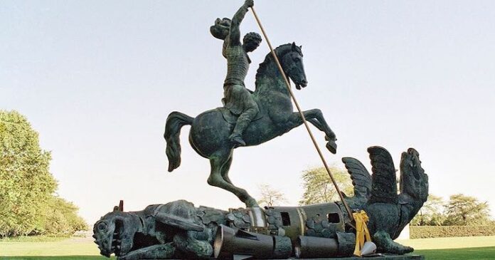 Photo: The "Good Defeats Evil" sculpture, located at UN Headquarters in New York, depicts an allegorical St. George slaying a double-headed dragon—symbolic of a nuclear war vanquished by historic treaties between the Soviet Union and the United States. UN/Ingrid Kasper