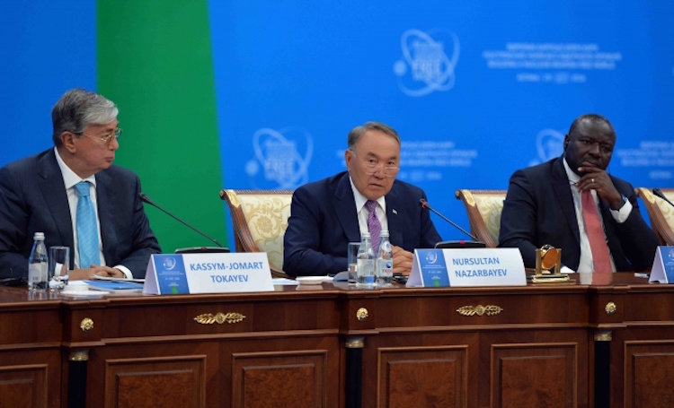 Photo: (left to right) Chairman of the Senate of the Parliament of Kazakhstan, Kassym-Jomart Tokayev; President Nazarbayev; Executive Secretary of the Preparatory Commission of the Comprehensive Nuclear Test-Ban Treaty Organization (CTBTO), Lassina Zerbo. Credit: www.kazembassy.org.uk