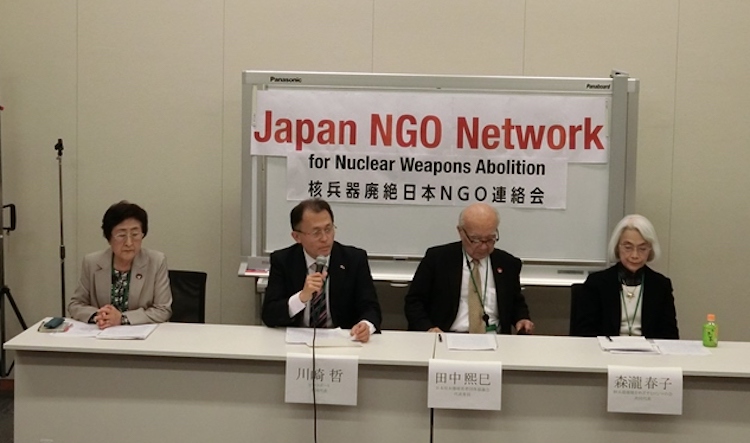 Photo (left to right): Michiko Kodama, Assistant Secretary General of Nihon Hidankyo (Japan Confederation of A- & H- Bomb Sufferers' Organizations); Akira Kawasaki, Executive Committee Member, Peace Boat and an international steering committee member of ICAN; Terumi Tanaka, co-chairperson of Nihon Hidankyo (Japan Confederation of A- & H- Bomb Sufferers' Organizations); Haruko Moritaki, co-director of Hiroshima Alliance of Nuclear Weapons Abolition (HANWA). Credit: Katsuhiro Asagiri | IDN-INPS