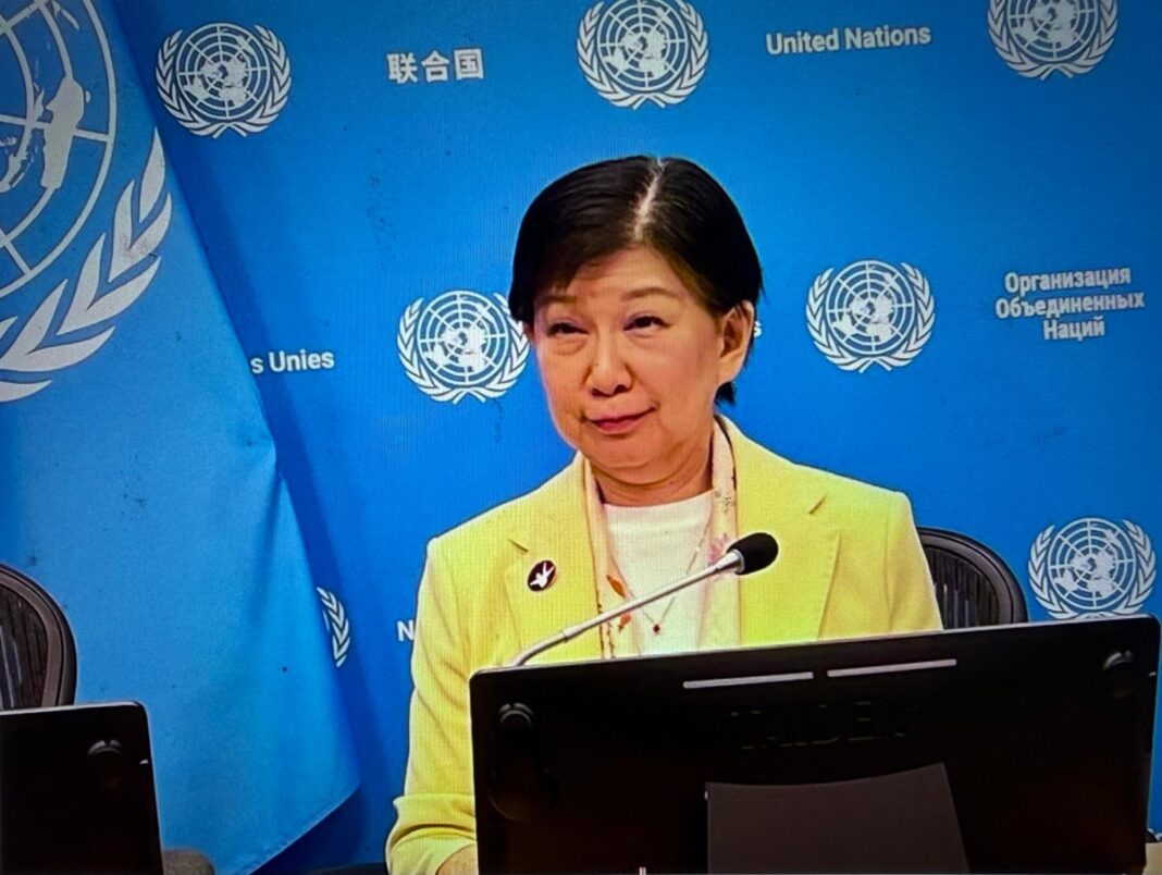 U.N. disarmament chief Izumi Nakamitsu briefs reporters at U.N. headquarters ahead of the 11th Review Conference of the Parties to the Treaty on the Non-Proliferation of Nuclear Weapons, scheduled to open April 27, 2026, in New York.