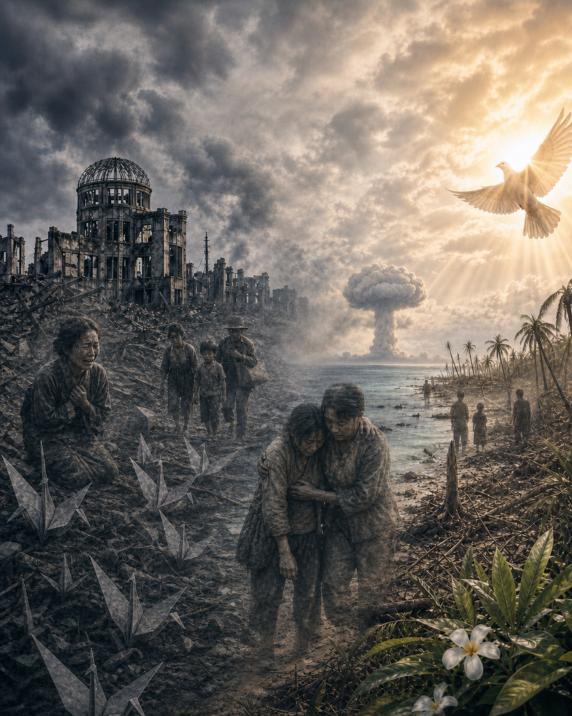 An image symbolically depicting the humanitarian catastrophe caused by the atomic bombing of Hiroshima and nuclear testing in the Pacific. It represents the suffering of hibakusha and affected communities, the intergenerational impact of radiation exposure, and the hope and appeal for the abolition of nuclear weapons. Credit: INPS Japan
