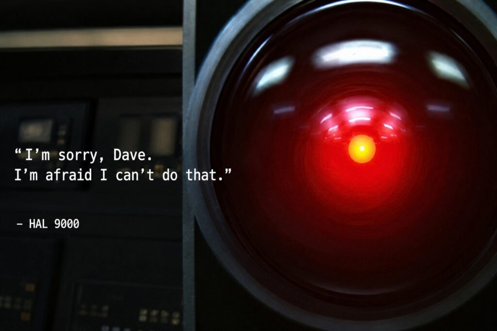 A visual interpretation of HAL 9000, the fictional supercomputer in Stanley Kubrick’s 2001: A Space Odyssey, symbolising fears that artificial intelligence could escape human control.Image: INPS Japan.