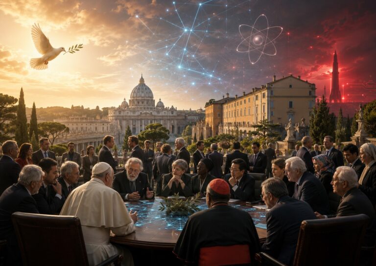 A conceptual illustration of the Global Nobel Laureates Assembly at Castel Gandolfo, where Nobel laureates, AI experts, religious leaders and civil society representatives will confront the intertwined risks of artificial intelligence, nuclear weapons and war while seeking a new architecture for peace. Image: INPS Japan