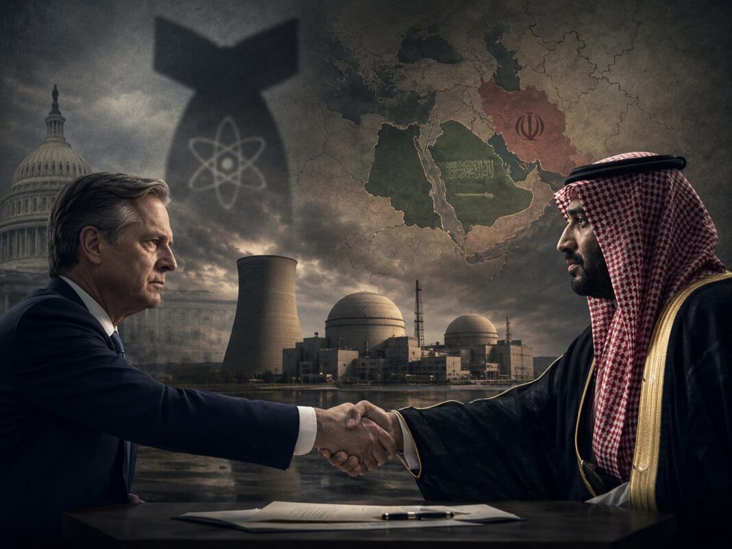 An illustration of the U.S.–Saudi nuclear cooperation agreement, which has raised concerns over safeguards, uranium enrichment and the risk of a wider nuclear arms race in the Middle East. Credit: AI-generated image / INPS Japan