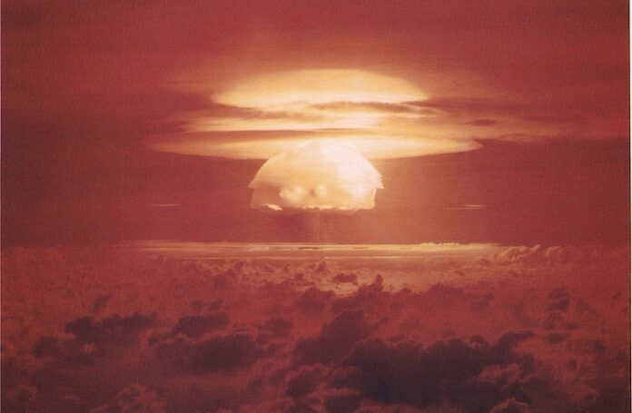 us_nuclear_detonation Nuclear weapon test Bravo (yield 15 Mt) on Bikini Atoll. The test was part of the Operation Castle. The Bravo event was an experimental thermonuclear device surface event. Credit: Wikimedia Commons.