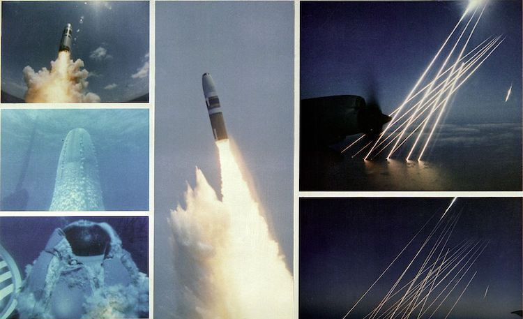 Image: Montage of an inert test of a United States Trident SLBM (submarine launched ballistic missile), from submerged to the terminal, or re-entry phase, of the multiple independently targetable reentry vehicles. Source: Wikimedia Commons