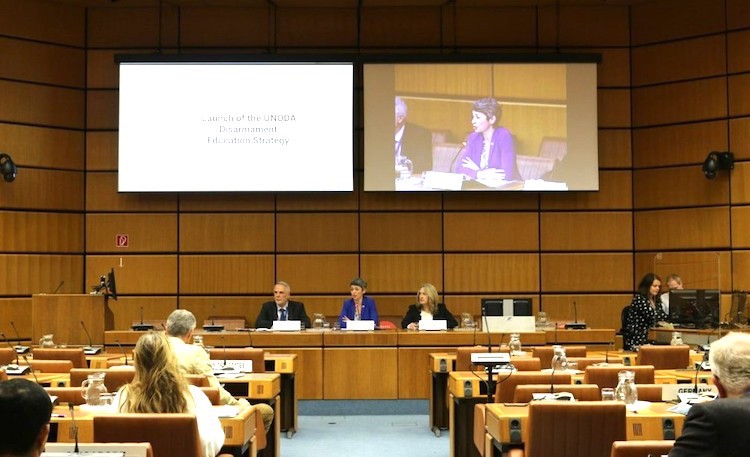 Photo: (From left to right) Ambassador Mr. Alexander Kmentt, Ms. Rebecca Jovin and Ms. Elena Sokova address the audience about the key role of disarmament education in advancing international peace and security, and the indispensability of partnerships in these effortsImage credit: UNICEF/UN0579998/Lateef