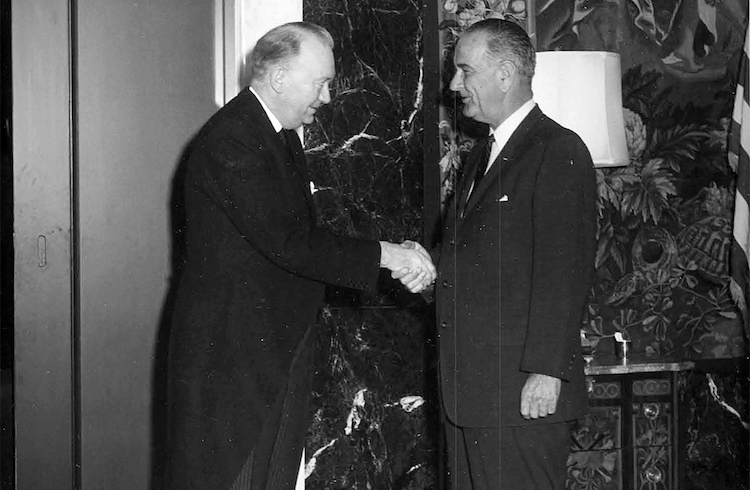 photo: Icelandic Foreign Minister Gudmundsson greeting U.S. President Lyndon B. Johnson during John F. Kennedy’s funeral, November 1963. A few years earlier he had asked Ambassador Tyler Thompson whether the U.S. was storing nuclear weapons in Iceland. Credit: National Archives, Still Pictures Branch, RG 59-PR, box 9.