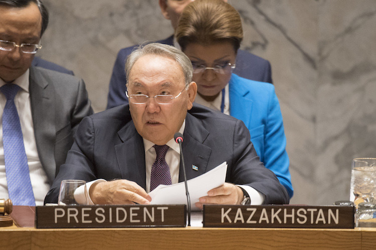 Photo: Nursultan Nazarbayev, President of Kazakhstan and President of the Security Council for the month of January, addresses the Security Council meeting on Non-proliferation of Weapons of Mass Destruction, with a focus on confidence-building measures. 18 January 2018. United Nations, New York. UN Photo/Eskinder Debebe.