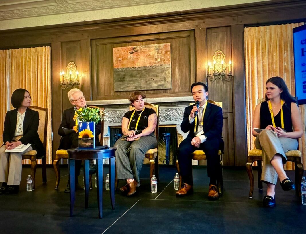 Miyuki Horiguchi of SGI (left) moderates the final panel discussion, “The Intersection of Climate and Nuclear Justice: Empowering Youth for Change” Credit: SGI