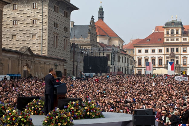 US President Barack Obama delivers his first major speech, stating a commitment to seek peace and security of a world without nuclear weapons, in front of thousands in Prague, Czech Republic, April 5, 2009. Credit: Official White House Photo by Pete Souza