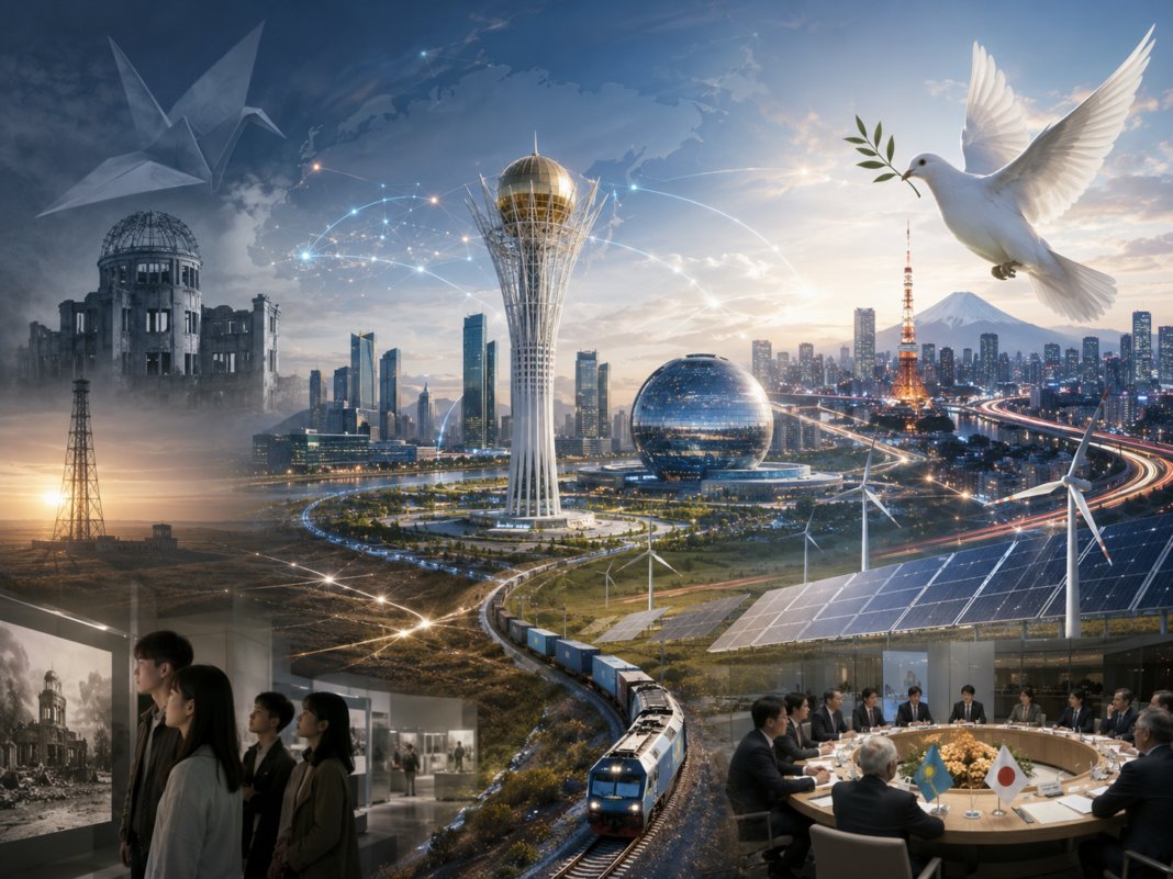 Astana’s futuristic skyline and Japan’s urban landscape converge with symbols of clean energy, connectivity and peace, reflecting a partnership shaped by smart-city cooperation, energy security, and shared memories of nuclear suffering.　Image: INPS Japan