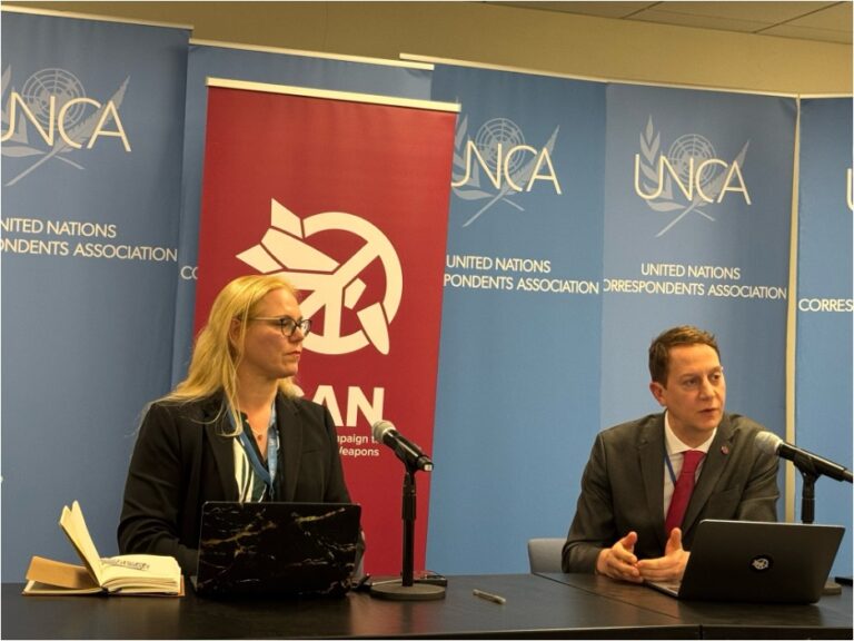Susi Snyder (left), ICAN Director of Programmes, and Seth Shelden (right), ICAN’s UN Liaison, at a press briefing held on the final day of the NPT 2026 Review Conference. Credit: Naureen Hossain/IPS