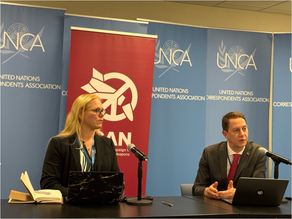 Susi Snyder (left), ICAN Director of Programmes, and Seth Shelden (right), ICAN’s UN Liaison, at a press briefing held on the final day of the NPT 2026 Review Conference. Credit: Naureen Hossain/IPS