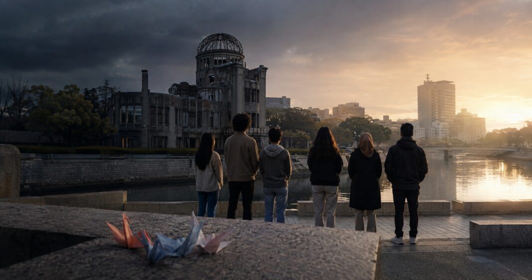 Young people facing Hiroshima’s Atomic Bomb Dome as storm clouds give way to morning light—a metaphor for humanity’s choice between living under the nuclear shadow and building a world without nuclear weapons. Image: INPS Japan