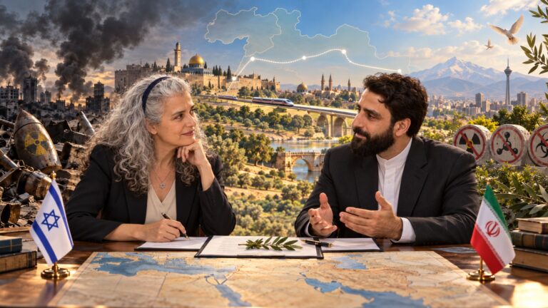 From confrontation to cooperation: An Israeli and an Iranian peace advocate in dialogue envision a Middle East free of nuclear, chemical, and biological weapons—symbolizing METO’s call to transform conflict into trust, regional security, and a shared future from Jerusalem to Tehran. | Image: AI Generated by INPS Japan.